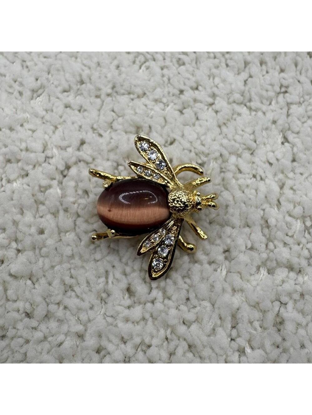 Gold Tone Bee Brooch Pin Brown Cat Eye Cabochon Rhinestone Wings
